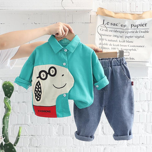 Dog Lapel Shirt Long Sleeve Suit Boy Baby Casual Denim Pants Two Piece Set